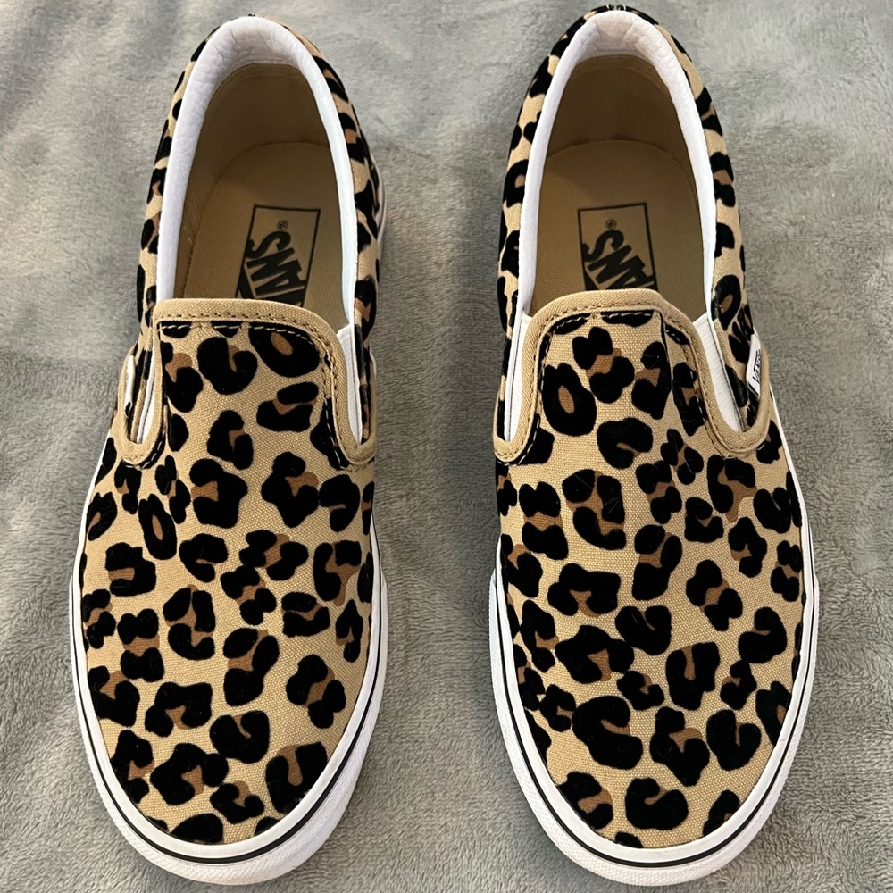 Vans Leopard Print Slip-On Sneakers in Tan and Black